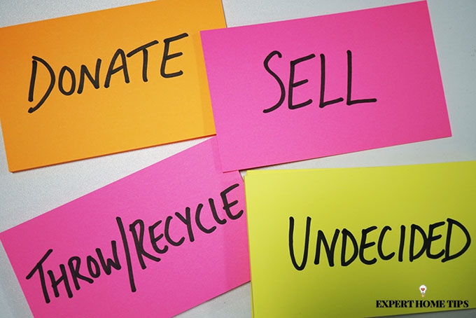 Donate, Sell, Throw/Recycle, Undecided Post It Notes