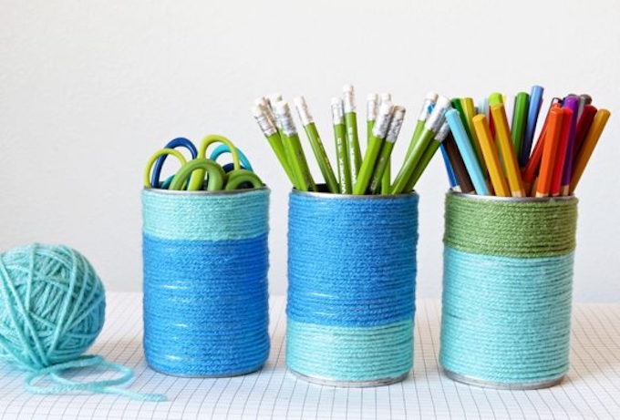 upcycled tin can desk organiser