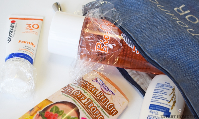 prevent toiletries from leaking using cling film